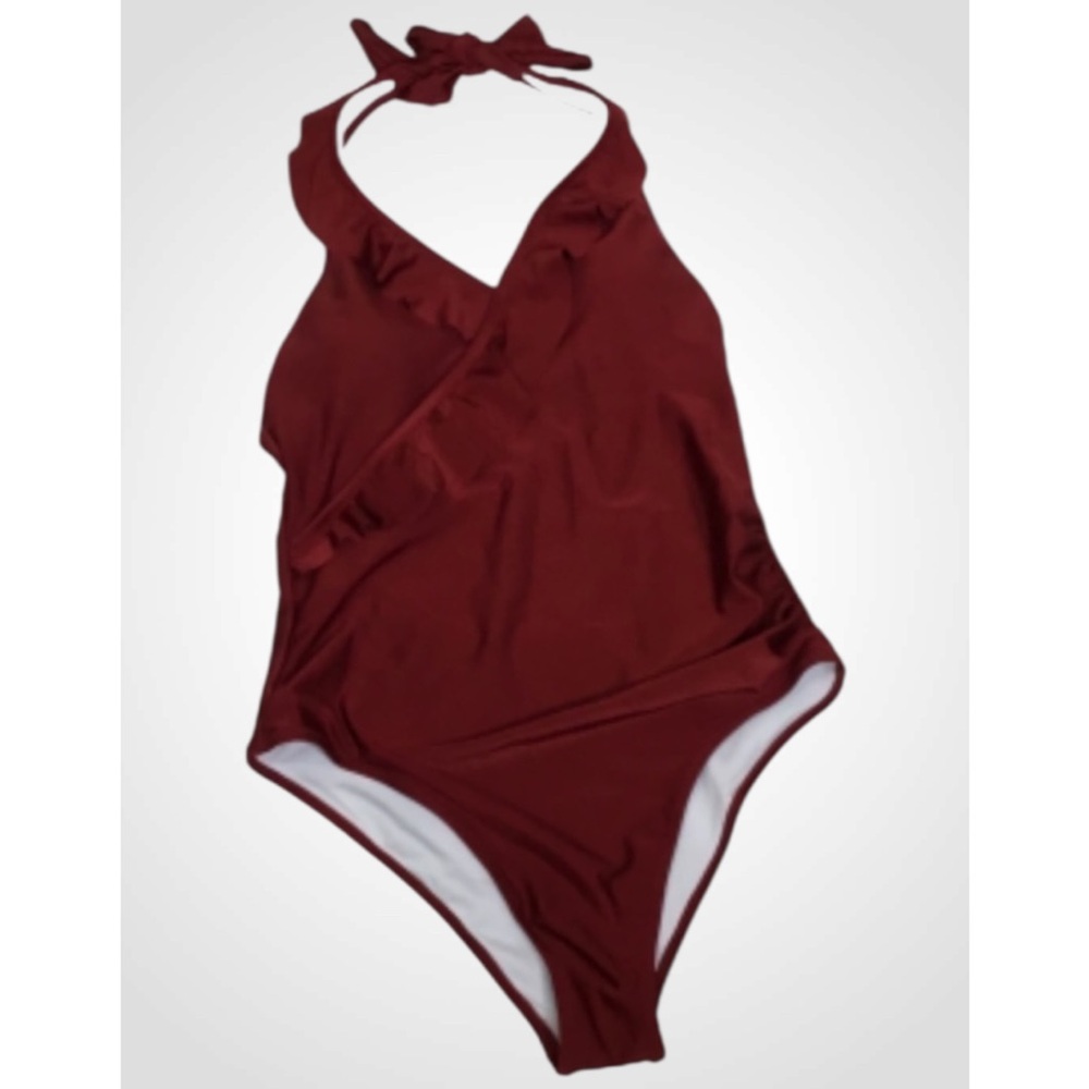 Cupshe Maroon One Piece Swimsuit High Thigh Cut Ruffle Front Medium